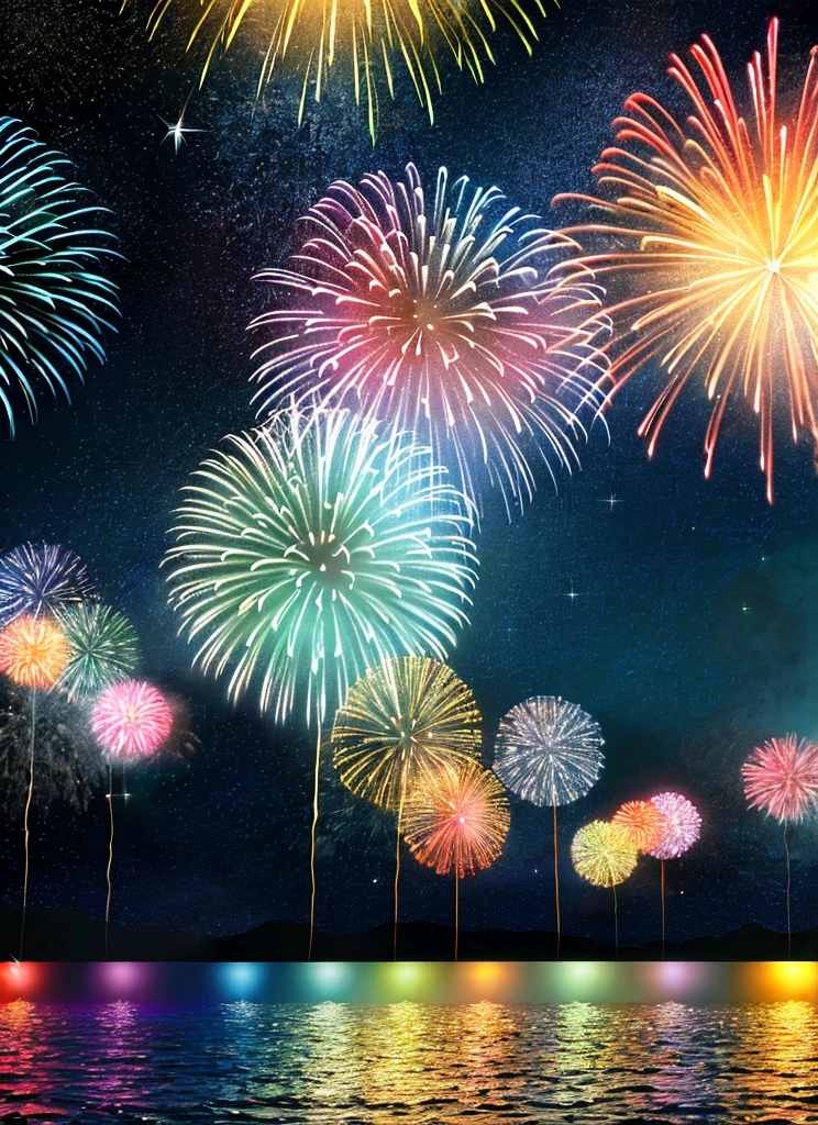 A beautiful night,Huge fireworks bloom on the surface of the sea,Colorful colorful,Fireworks like stars, like peacock feathers, like pebbles, illuminate the whole sea