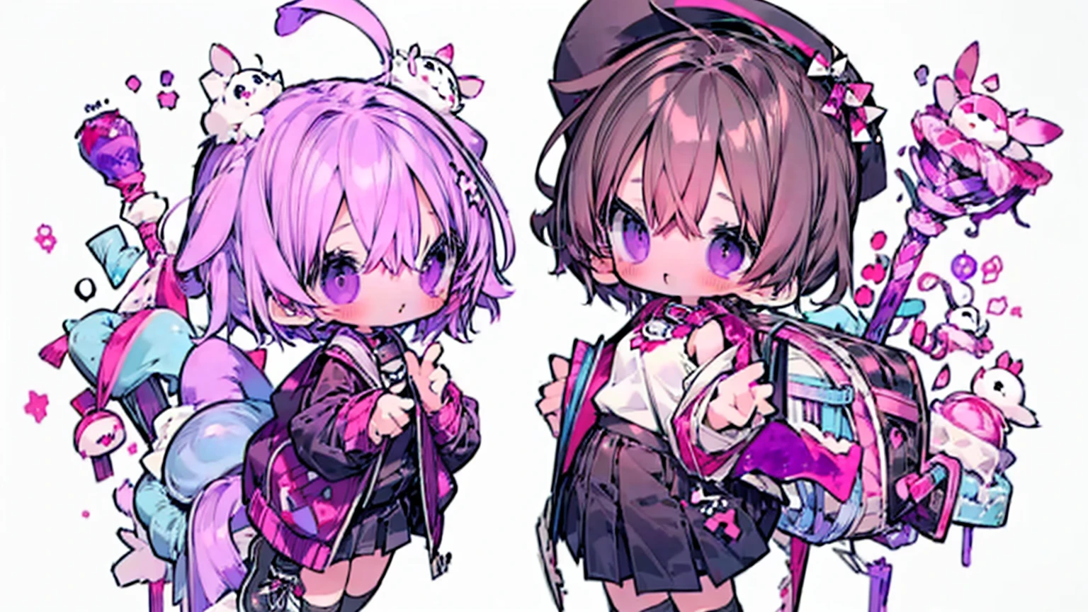(Masterpiece,Highest quality),(Maximum details),2 girl(child,girl),purple short hair,black eyes,Wear a purple sweater,black skirt,full body image, กับ girl อยู่ ในชุดที่ต่างกัน,divided into two sides