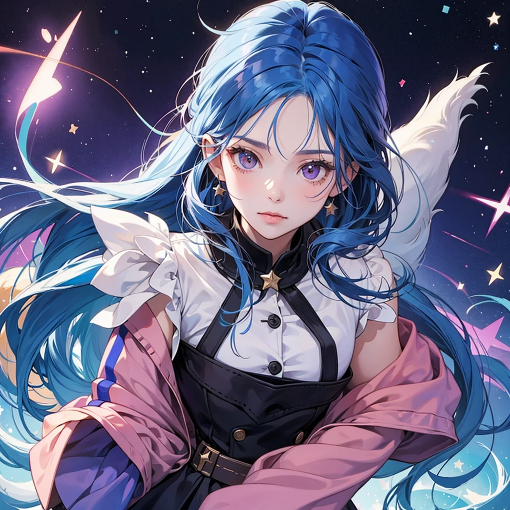 A girl with long blue hair and brown eyes with a star as a pupil, with a purple pet fox 