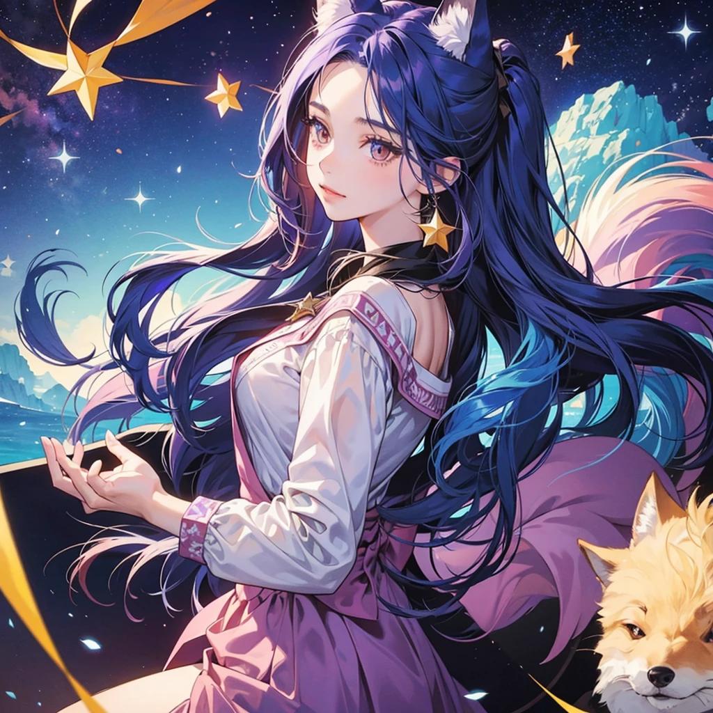 A girl with long blue hair and brown eyes with a star as a pupil, with a purple pet fox