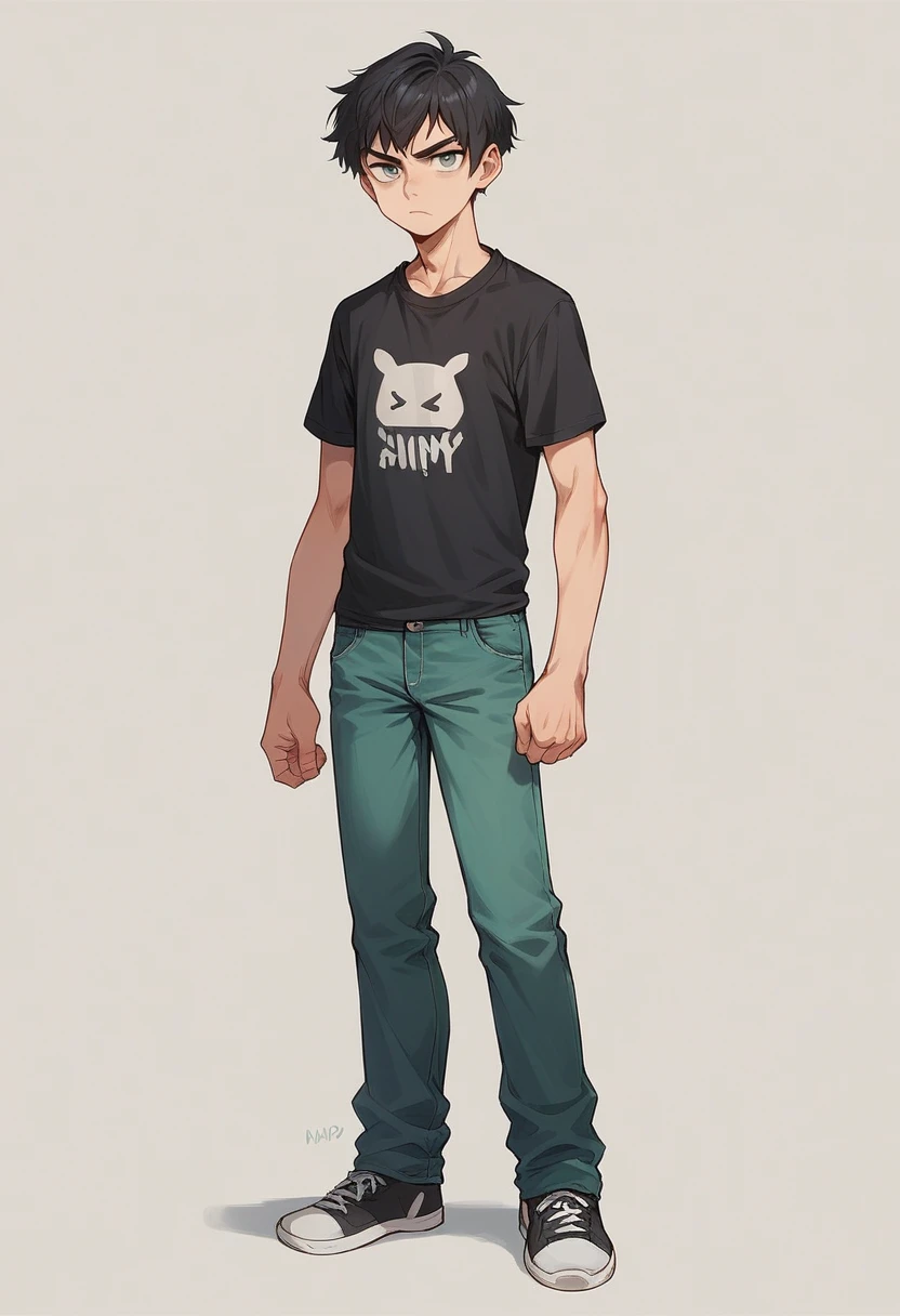 young guy, 20 years, dark hair, athletic build, black T-shirt, green jeans, grey eyes, mysterious, serious face, full length
