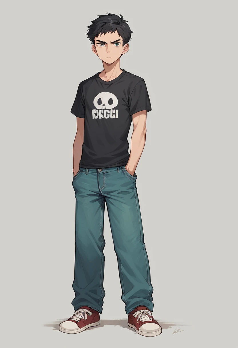 young guy, 20 years, dark hair, athletic build, black T-shirt, green jeans, grey eyes, mysterious, serious face, full length