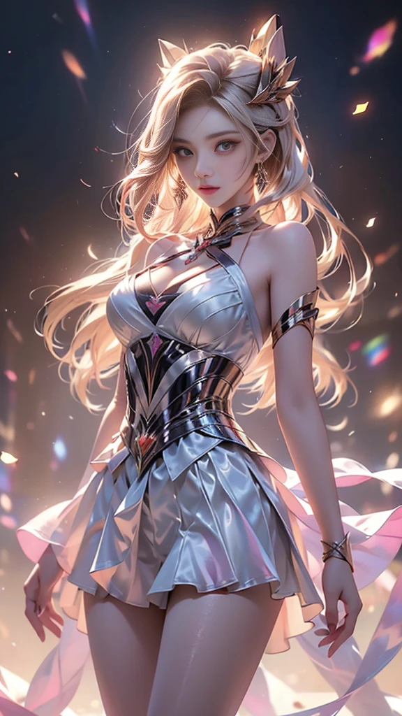 kda, ((knee shot)), ((Shoot at random angles)), ((Visible cleavage)), ((E-cup)), ((I-type Valley)), ((Warm colors)), Galaxy Background, Long-range shooting, A beautiful woman，Elegant posture，Standing，Slender figure。Her legs are slender and straight，Cross placement，Forming a perfect diagonal composition。Head gently sideways，Long blond hair falls naturally，Gently brushing her shoulders。Soft colors，In stark contrast to her fair skin。The edge of the skirt ripples gently，As if swaying in the breeze。Her eyes were gentle，There is a faint smile on the lips。The whole picture looks very harmonious and beautiful