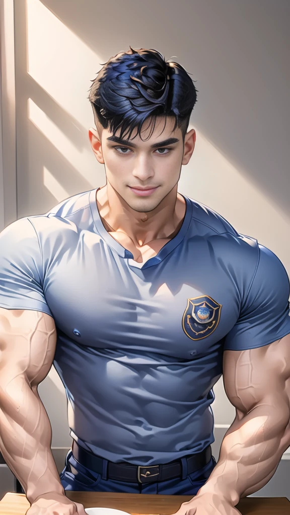 (Create a masterpiece:1.2),(CGI art:1.3),(realistic:1.5),(After processing:1.3),(Sharp focus:1.3),1 man ,(black hair) ,smile,(Wear color navy round neck T-shirt), (with a Police badge:1.3),Navy blue jeans,Korean guy,korean men,(High gloss details),chest muscles,large arm muscles,blood vessel,Big muscles,Broad shoulders,looking at the audience,Balancing the eyes,(Lind has a dining table:1.3),