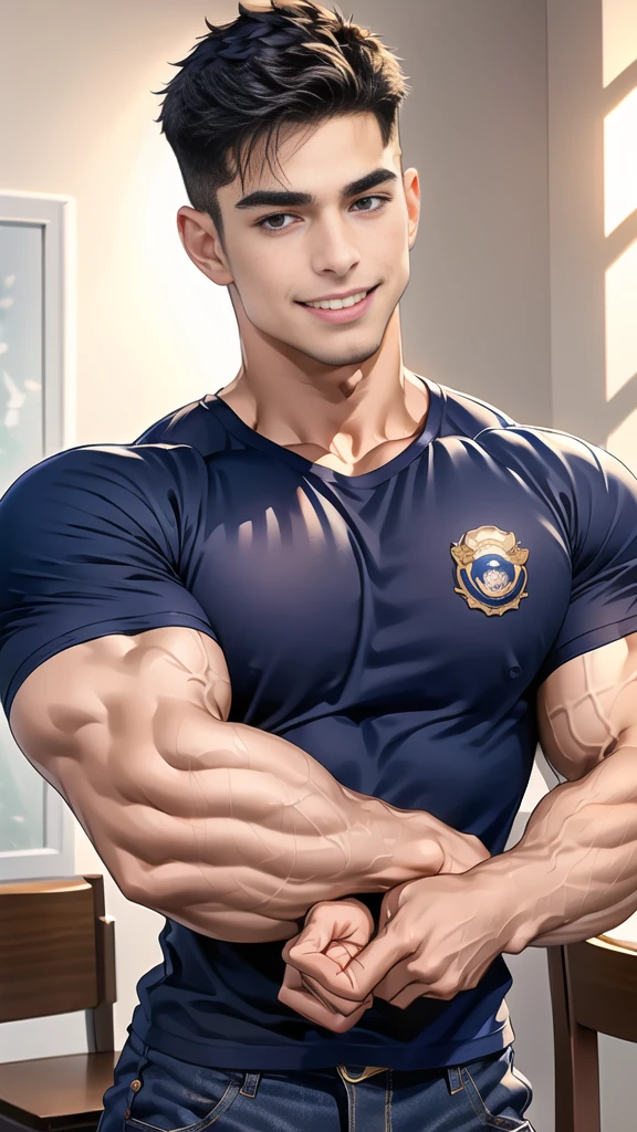 (Create a masterpiece:1.2),(CGI art:1.3),(realistic:1.5),(After processing:1.3),(Sharp focus:1.3),1 man ,(black hair) ,smile,(Wear color navy round neck T-shirt), (with a Police badge:1.3),Navy blue jeans,Korean guy,korean men,(High gloss details),chest muscles,large arm muscles,blood vessel,Big muscles,Broad shoulders,looking at the audience,Balancing the eyes,(Lind has a dining table:1.3),