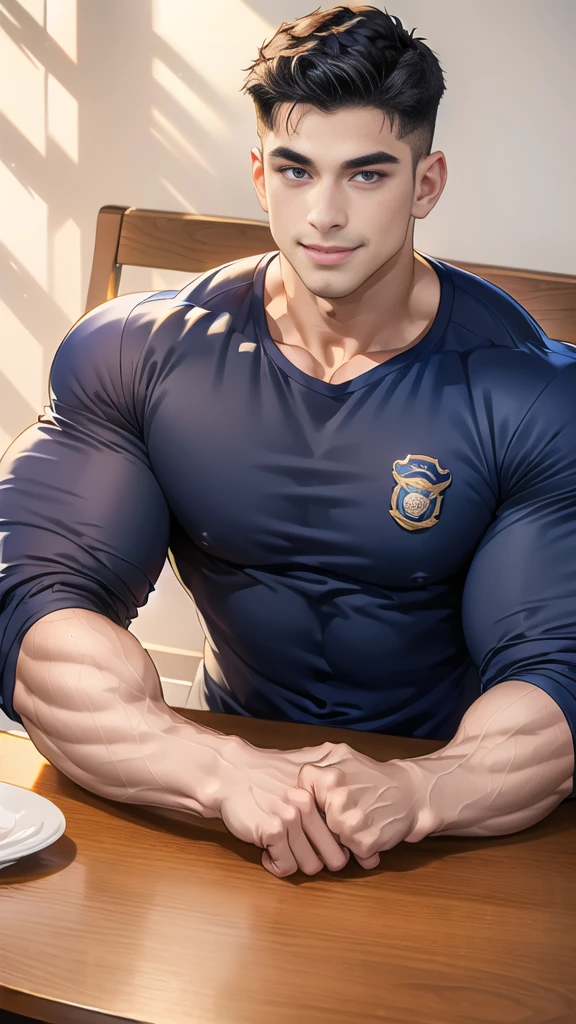 (Create a masterpiece:1.2),(CGI art:1.3),(realistic:1.5),(After processing:1.3),(Sharp focus:1.3),1 man ,(black hair) ,smile,(Wear color navy round neck T-shirt), (with a Police badge:1.3),Navy blue jeans,Korean guy,korean men,(High gloss details),chest muscles,large arm muscles,blood vessel,Big muscles,Broad shoulders,looking at the audience,Balancing the eyes,(Lind has a dining table:1.3),