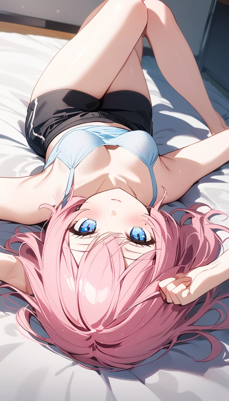 (1 girl),(Best Picture Quality, 8K, Masterpiece:1.3), (high school student:1.5), ((pink lob hair:1.1)), (bob cut),(swept bangs), (cute eyes, pupil black, iris skyblue, youthful face), (mole under right eye), (standard weight), (small breasts),(big hip), (glistening skin:1.1),(pale skin:1.2),(legs up,lie on own back),(camisole, black shorts),