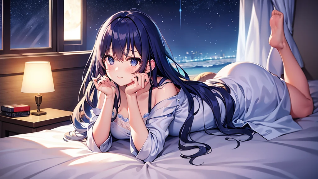 「In the quiet of the bedroom at night、A female character lies in bed、Reading a book。Outside the window, the full moon shines、The thin curtains are swaying softly。She is wearing relaxed pajamas、Long hair is soft and curly。The room is lit in soft blue and purple tones.、A warm light is placed by the bedside。On the bed there are fluffy pillows and blankets.、Her favorite books and aromatic candles are lined up at her feet.。There is a starry sky poster on the wall、It creates a comfortable atmosphere。」