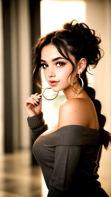 masterpiece,best quality, realistic illustration, style of Philip Lorca diCorcia, girl aged 18yo, 1girl, solo, black long hair, large braid, olive eyes, light freckles, toned body, large breasts, big nipples, dark skin, wearing an off the shoulder sweater, cropped, hoop earrings, perfect lips, posing for the camera, pretty face, cute face, vignette, realistic features, highly detailed body, high budget, bokeh, cinemascope, moody, epic, gorgeous, whole body photo, film grain, grainy