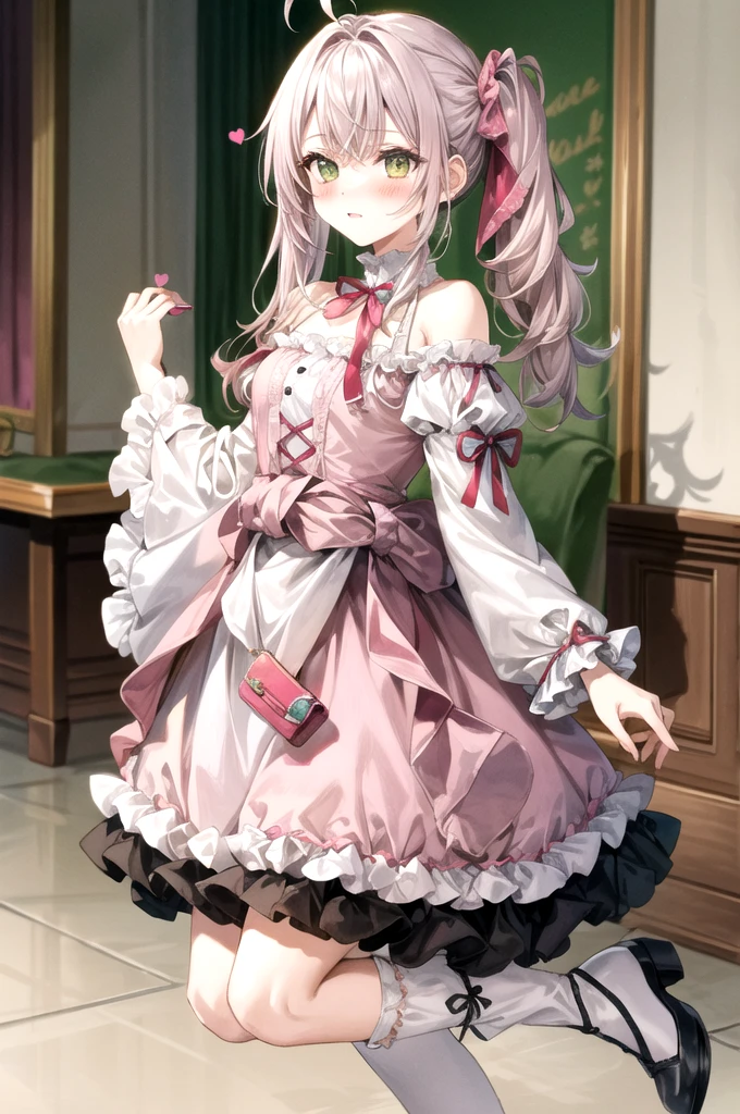 She has olive green eyes and long blonde hair that is braided over her shoulders., Tied with a little ribbon and a heart, Pale pink scrunchie, Red Clip. Her hair color is lighter、It stretched very long, Worn in pigtails tied with a deep pink ribbon with a red heart. she金のハートのイヤリングを手に入れた. she、With white ruffle trim、She is wearing a pale pink ruffled dress with a pink lined band down the center。. A white ribbon with a ruby heart on the chest, A yellow ribbon is tied around her waist、Fastened with a small heart、A wallet is hanging from it. Her shoes are pale pink.、The soles are pink、It comes with white ruffled leg warmers that match the sleeves.。, Adorned with a pink ribbon and a ruby heart.