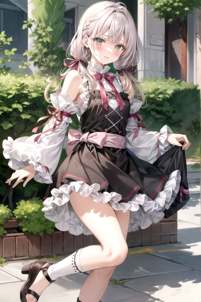 She has olive green eyes and long blonde hair that is braided over her shoulders., Tied with a little ribbon and a heart, Pale pink scrunchie, Red Clip. Her hair color is lighter、It stretched very long, Worn in pigtails tied with a deep pink ribbon with a red heart. she金のハートのイヤリングを手に入れた. she、With white ruffle trim、She is wearing a pale pink ruffled dress with a pink lined band down the center。. A white ribbon with a ruby heart on the chest, A yellow ribbon is tied around her waist、Fastened with a small heart、A wallet is hanging from it. Her shoes are pale pink.、The soles are pink、It comes with white ruffled leg warmers that match the sleeves.。, Adorned with a pink ribbon and a ruby heart.