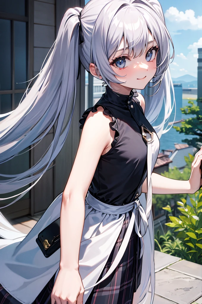 score_9,from above,silver hair, twintails, very long hair, アニメ, best quality, masterpiece、Plaid pleated long skirt、Looking back、look up、{{smile}}