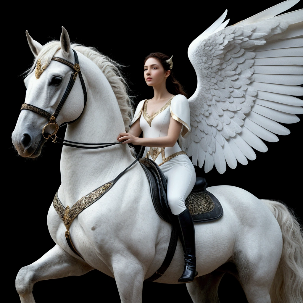Ultra-realistic 8k CG, masterpiece, Best Quality, (photorealistic:1.4), absurdities, extremely detailed, woman with big white wings perched on top of a white horse, 
by the real, natural, futuristic scene, dark setting, Pegasus, fascinated expression, fantasy world