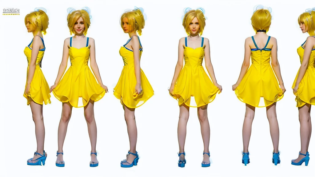cute girl in a short gaming dress , short hairs, yellow hairs, blue dress, gaming , smiling face, short dress full straight standing pose, 14yo student, Character Sheet, Full body, modern girl, games girl, Simple white background, character reference sheet, Concept art, design sheet, HD, full body, standing, modern futurestics dress,
