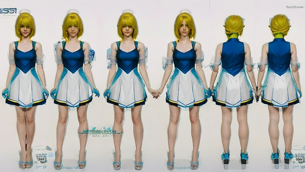 cute girl in a short gaming dress , short hairs, yellow hairs, blue dress, gaming , smiling face, short dress full straight standing pose, 14yo student, Character Sheet, Full body, modern girl, games girl, Simple white background, character reference sheet, Concept art, design sheet, HD, full body, standing, modern futurestics dress,
