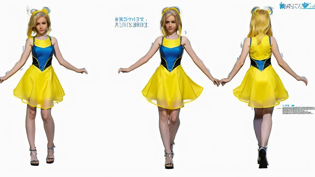 cute girl in a short gaming dress , short hairs, yellow hairs, blue dress, gaming , smiling face, short dress full straight standing pose, 14yo student, Character Sheet, Full body, modern girl, games girl, Simple white background, character reference sheet, Concept art, design sheet, HD, full body, standing, modern futurestics dress,