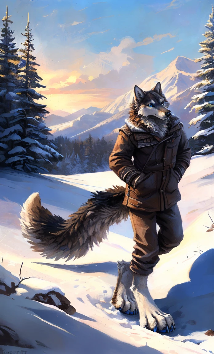 ((Solo)), male people, anthro wolf, (Multi-colored fur, White-brown:1.3,White tail pointed), (Height 2.1m,Tail length 1.2m), ((Wolf face, Big eyes, White eyelids, Blue pupil, Slim:1.2) (Tough, Calm expression:1.2)), Slim, pinging)), (Correct anatomy), (Winter clothing:1.1), The upper body naked, (detailed outfits),A long big tail,Feet,(Realistic fur, Detailed fur texture, labeled:1.3)), (Natural lighting), Photorealistic, Hyperrealistic, ultradetailed, by Kenket,Snowfield,erect through,Running on
