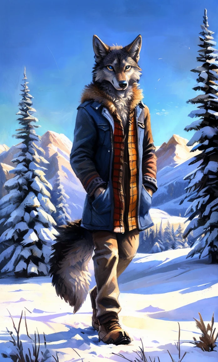 ((Solo)), male people, anthro wolf, (Multi-colored fur, White-brown:1.3,White tail pointed), (Height 2.1m,Tail length 1.2m), ((Wolf face, Big eyes, White eyelids, Blue pupil, Slim:1.2) (Tough, Calm expression:1.2)), Slim, pinging)), (Correct anatomy), (Winter clothing:1.1), The upper body naked, (detailed outfits),A long big tail,Feet,(Realistic fur, Detailed fur texture, labeled:1.3)), (Natural lighting), Photorealistic, Hyperrealistic, ultradetailed, by Kenket,Snowfield,erect through,Running on