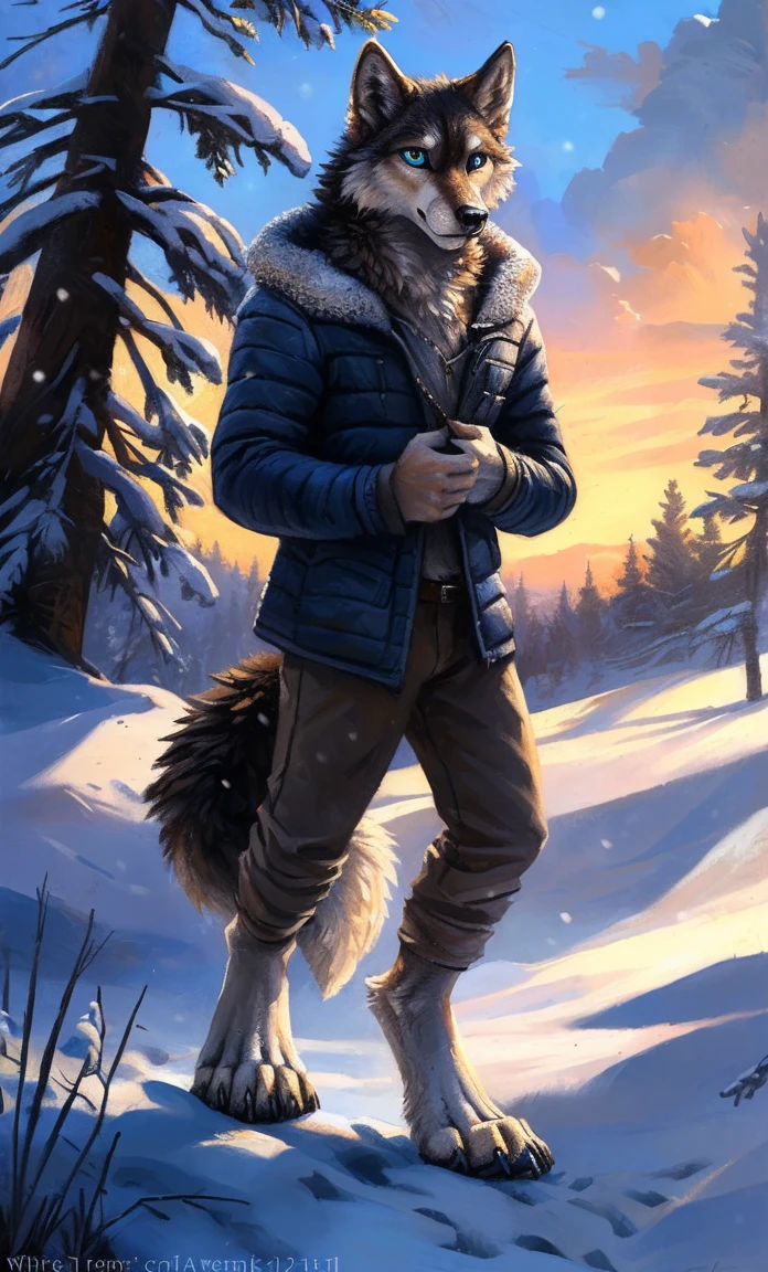 ((Solo)), male people, anthro wolf, (Multi-colored fur, White-brown:1.3,White tail pointed), (Height 2.1m,Tail length 1.2m), ((Wolf face, Big eyes, White eyelids, Blue pupil, Slim:1.2) (Tough, Calm expression:1.2)), Slim, pinging)), (Correct anatomy), (Winter clothing:1.1), The upper body naked, (detailed outfits),A long big tail,Feet,(Realistic fur, Detailed fur texture, labeled:1.3)), (Natural lighting), Photorealistic, Hyperrealistic, ultradetailed, by Kenket,Snowfield,erect through,Running on