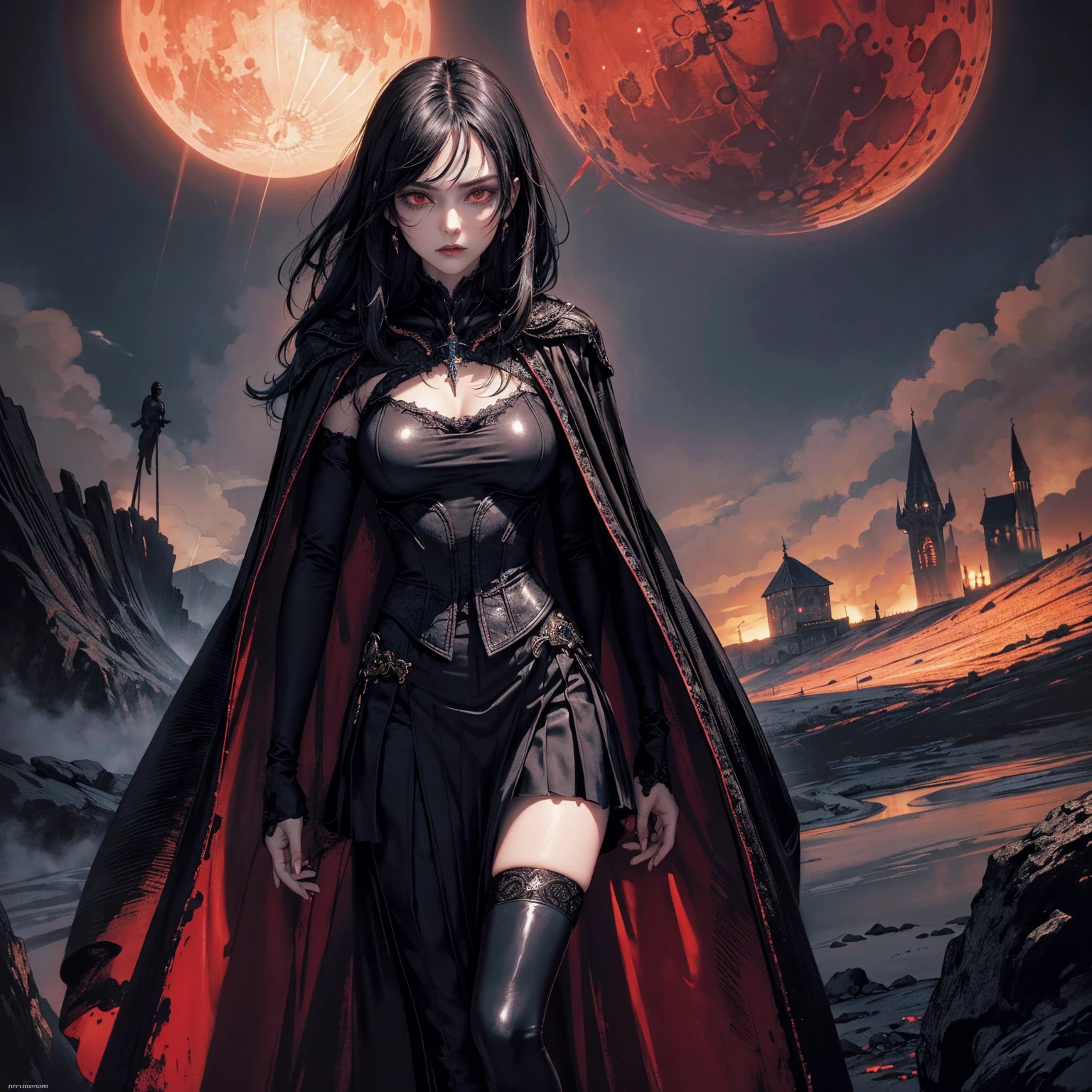 best quality, 4k, high resolution, masterpiece:1.2, Very detailed, actual:1.37, Mood lighting, Girl in a long cape, Wearing a reflective latex skirt that shows a little skin above the chest, Dangerous sneer, Black Hair, Standing, Face facing the camera, Crucified, Pitch black sky, Blood-red moon, strange atmosphere, Gothic style, Unforgettable beauty, Dramatic shadows, Ethereal Light, Mysterious atmosphere.