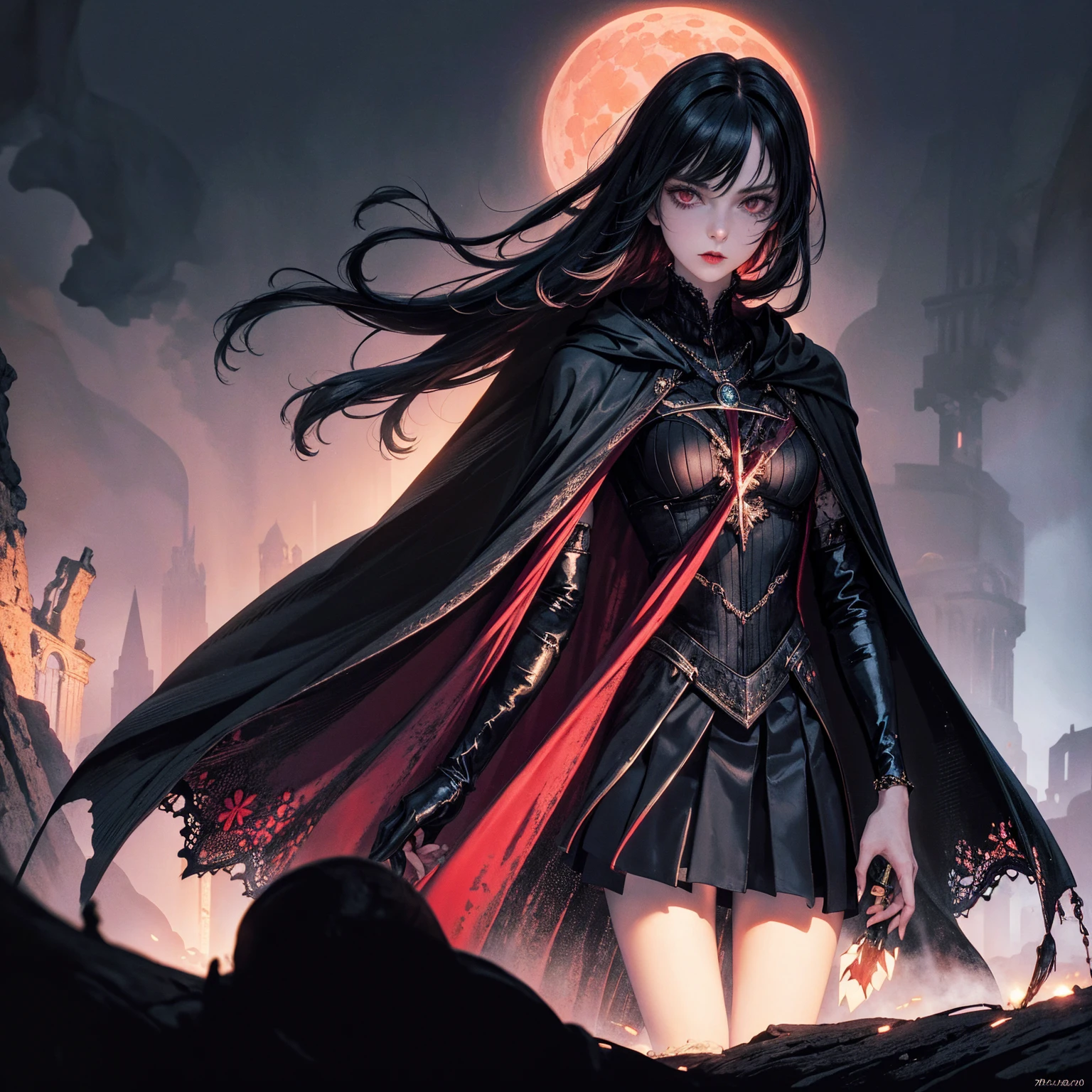 best quality, 4k, high resolution, masterpiece:1.2, Very detailed, actual:1.37, Mood lighting, Girl in a long cape, Wearing a reflective latex skirt that shows a little skin above the chest, Dangerous sneer, Black Hair, Standing, Face facing the camera, Crucified, Pitch black sky, Blood-red moon, strange atmosphere, Gothic style, Unforgettable beauty, Dramatic shadows, Ethereal Light, Mysterious atmosphere.