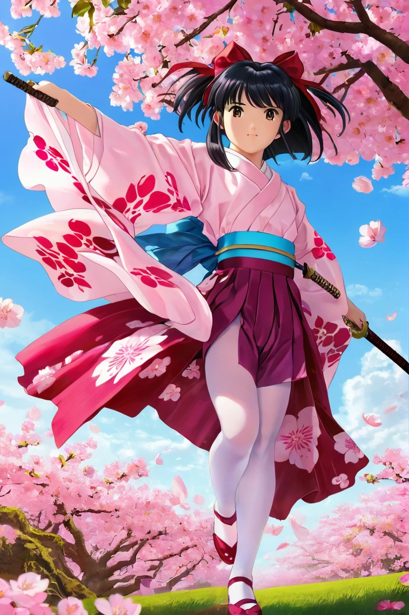 10 year old girl underwear, Sakura Shinguji、Realistic bloomers made from patterned cotton fabric, Japanese clothing and hakama, Fabric Realism, Low - Angle, I see bloomers, Pull up the dress by hand, Strong winds, Translucent slip, Translucent slip, tights, Highest quality,  whole body、Black Hair、Holding a sword、Big ribbon in hair