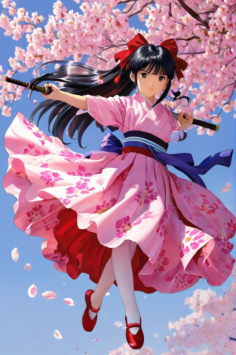 10 year old girl underwear, Sakura Shinguji、Realistic bloomers made from patterned cotton fabric, Japanese clothing and hakama, Fabric Realism, Low - Angle, I see bloomers, Pull up the dress by hand, Strong winds, Translucent slip, Translucent slip, tights, Highest quality,  whole body、Black Hair、Holding a sword、Big ribbon in hair