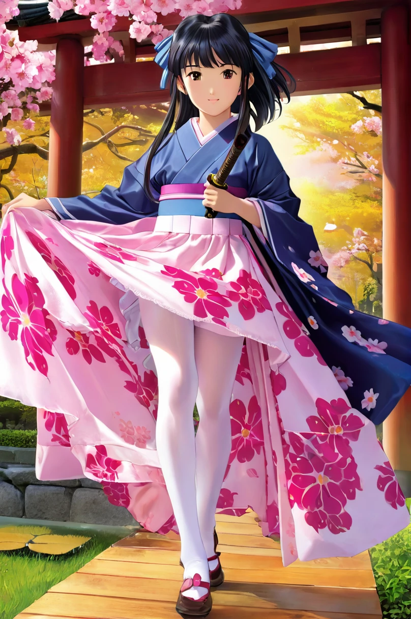  girl underwear, Sakura Shinguji、Realistic bloomers made from patterned cotton fabric, Japanese clothing and hakama, Fabric Realism, Low - Angle, I see bloomers, Pull up the dress by hand, Strong winds, Translucent slip, Translucent slip, tights, Highest quality,  whole body、Black Hair、Holding a sword、Big ribbon in hair