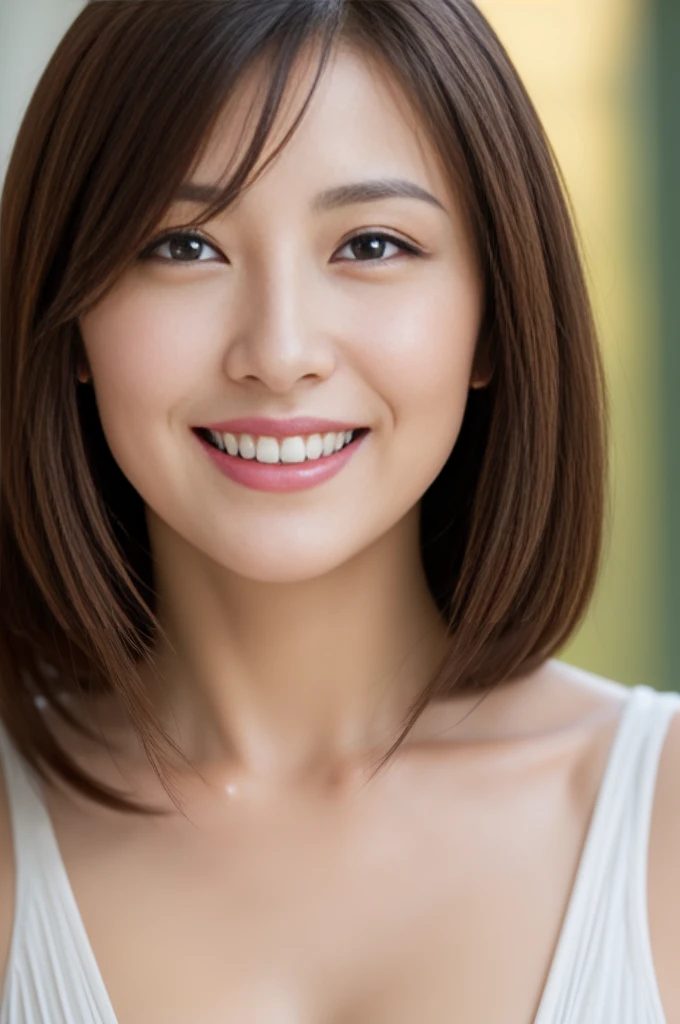 Masseter Film, highest quality, masterpiece, High resolution, realism, Original photo, 8k wallpaper, perfection, Professional Lighting, Very detailed, Written boundary depth, ((Sexy beautiful woman)), ((Sexy 40 year old women)),,  ((smile)), Detailed face, Beautiful Eyes,, bangs, She has big breasts and a nice figure, (Sexy look), Long Hair, (Thick lips), A photo of your face,I smile at you