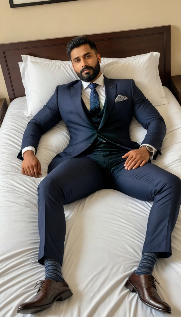 Indian business man bandhoiz thick beard dark color body laying on bed in formal suit Pain is raging on the face, little mouth open and making aggressive face expressions with eyes closed, the head is tilted backtall nude hairy legs and big monster penis, formal pointed shoes and socks, masterpiece, realistic, hd, hdr, D750F nikon camera photography, sharpness, perfect photography 