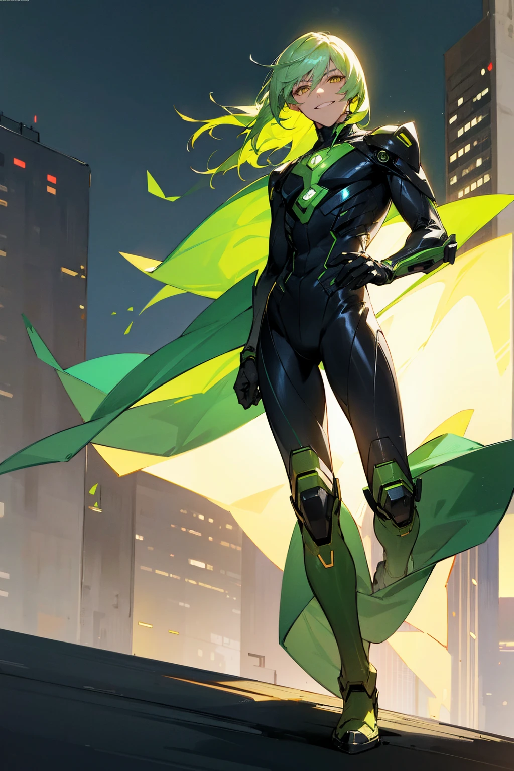 1male, light green hair, medium length hair, yellow eyes, grinning, black super suit, metallic suit, city background, detailed background, detailed face, standing, walking on path, hands to side