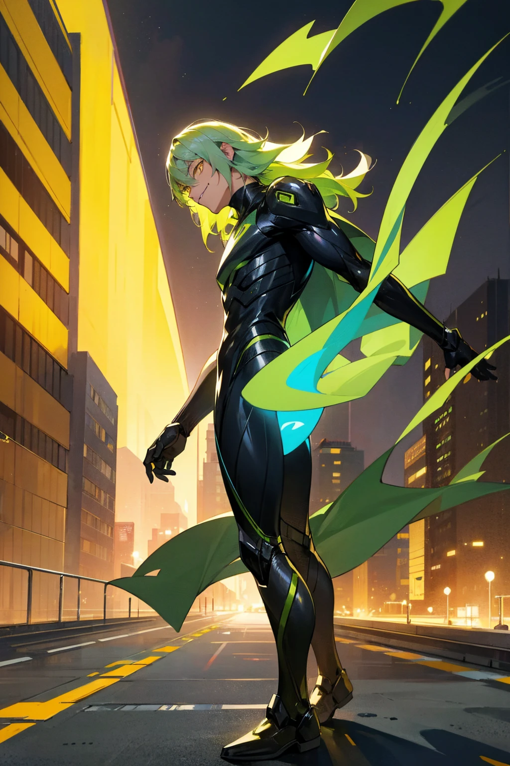 1male, light green hair, medium length hair, yellow eyes, grinning, black super suit, metallic suit, city background, detailed background, detailed face, standing, walking on path, hands to side