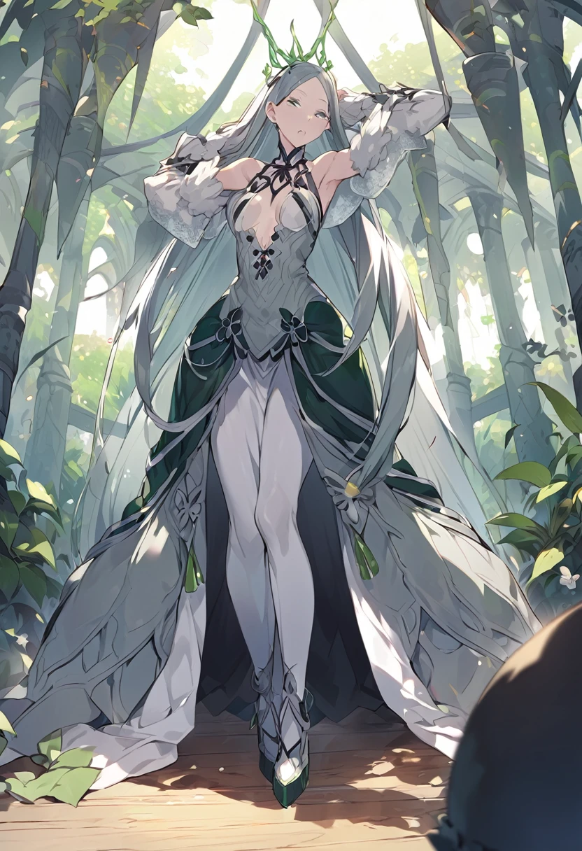 Crusch Karsten de Re Zero, hair green, wearing a long gray dress that shows off her body
