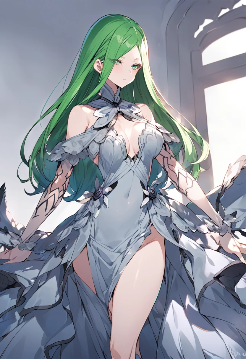 Crusch Karsten de Re Zero, hair green, wearing a long gray dress that shows off her body