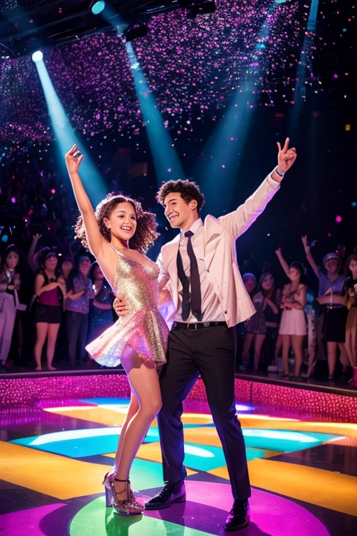 A couple funky dancing under shimmering lights, smiles on their faces, 9:16 vertical.