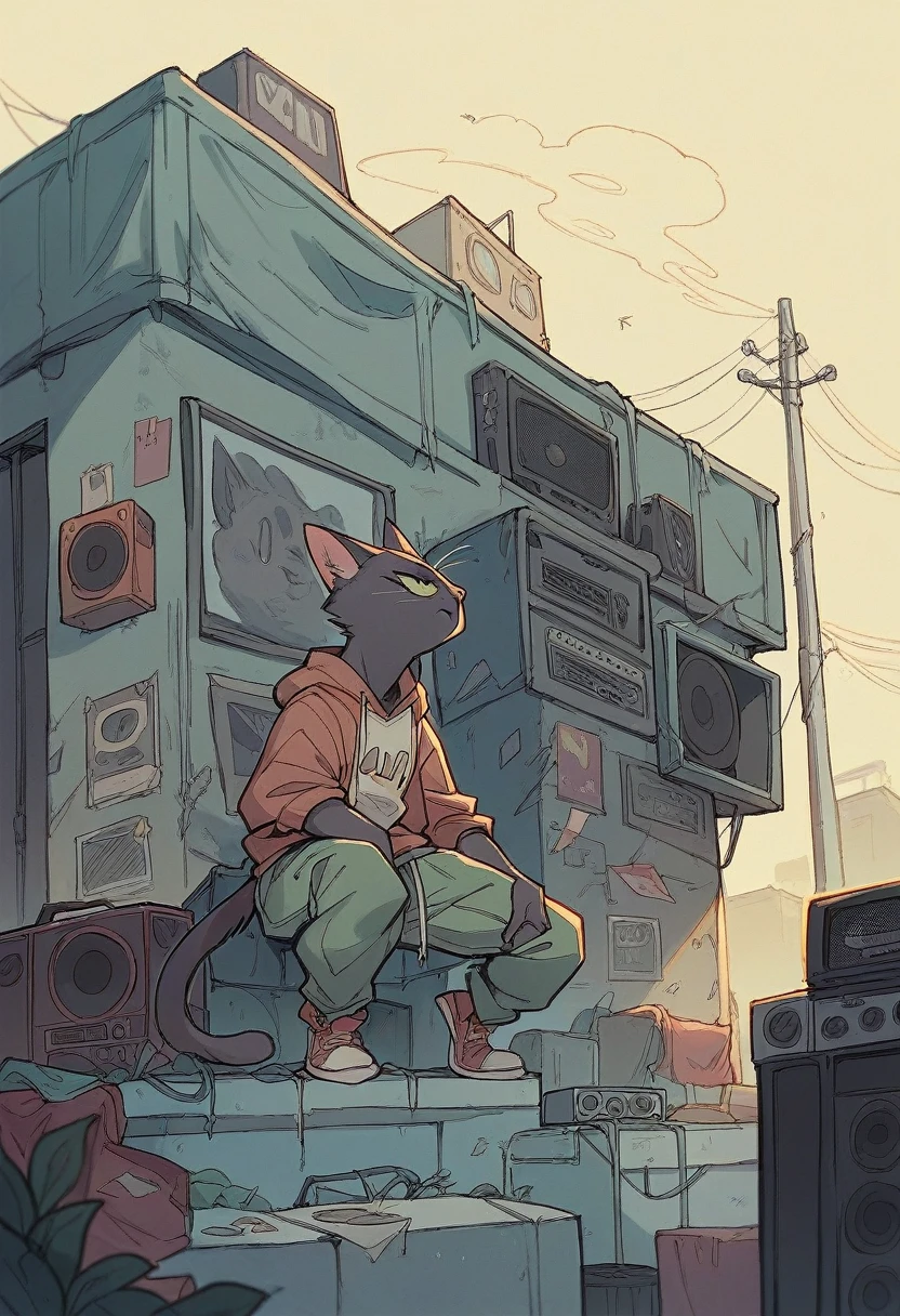 Cat, hip hop clothes, boombox, rooftop gta v ĺoading screen art,