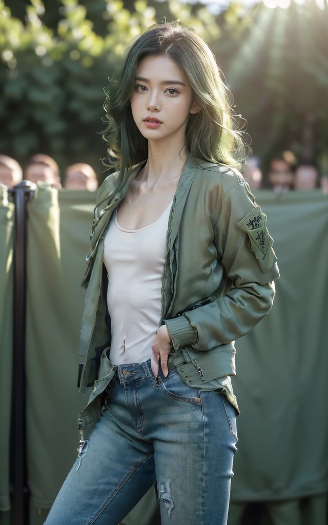 ((((8K))),((Extremely detailed CG)) ,(wallpaper),16K,((Extremely exquisite and beautiful)),(((masterpiece))),(((Best quality))),(((超high resolution))),Beautiful light,Perfect Lightning,Realistic shadows,((high resolution)),(Smooth and flawless fair skin:1.5),(Pale skin:1.3),(Extremely delicate facial details:1.2),(Perfect body:1.1),(Extremely detailed),((A beautiful girl,Solitary)),(Exquisite makeup:1.2),(Small Breasts:1.2),(flat chest:1.2),((Slim,Thin)),Happy,(lol:1.2),(green military jacket:1.5),((clavicle, cleveage, Umbilical cord)),(Light blue jeans:1.3),(Black combat boots:1.3),(Day scene:1.5),(Afternoon Sunshine:1.3),(outdoor:1.2),(At the school gate:1.3),(city View:1.3),(winter:1.2),(Detailed background:1.5),(permanent:1.3),(Upper Body:1.2),(From the front:1.3),(Surrounded by a crowd:1.5)