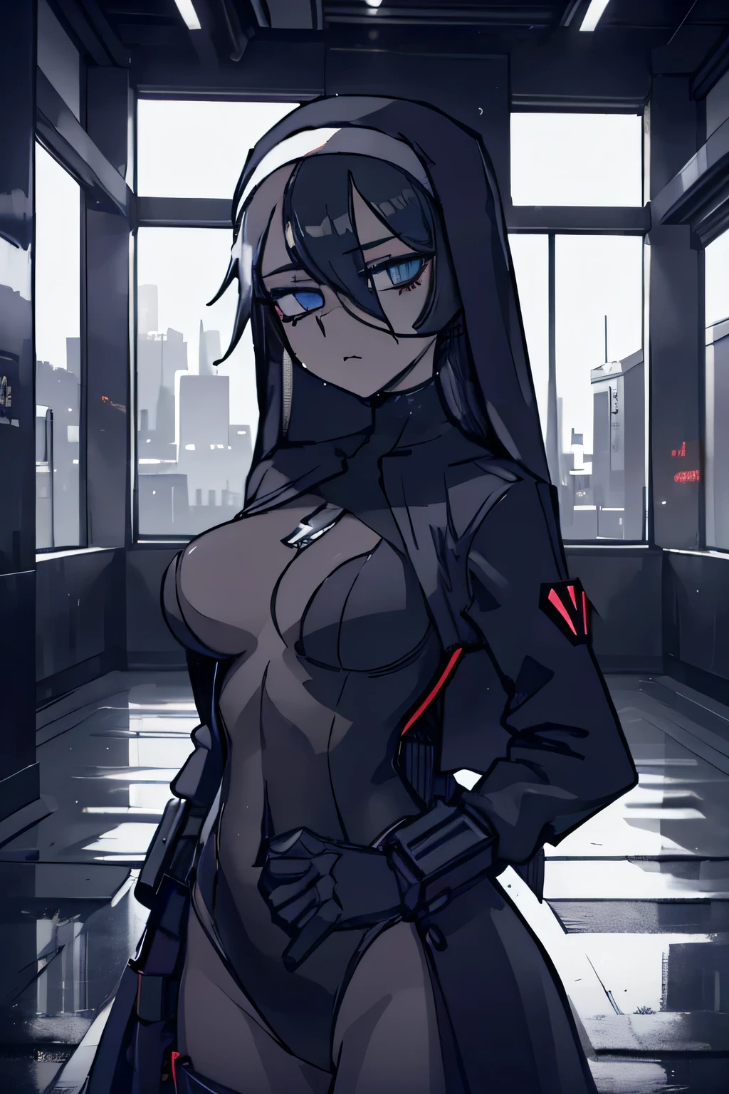 master part, high, high quality, detailed face, Detailed body, full body, 1girl, solo, nude, hinata hyuuga, nude shoulders, large breasts, breasts grab, dark lips, standing, blushes, futuristic city, night