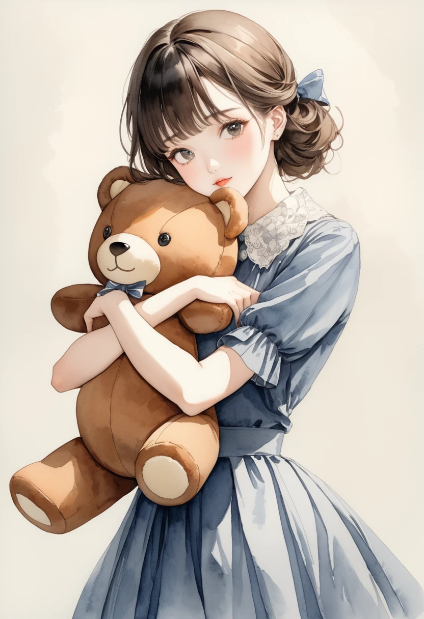 ((antique:1.5)),((hugging a stuffed teddy bear:1.5)),Beautiful and cute woman,1 Female,Solo,Sharp features,Sophisticated,((Watercolor:1.5)),whole body,超High resolution,((Attention to detail)),high quality,High resolution,最high quality,(vintage:1.4),(Cute pose:1.3),Dull color,So adorable,model like,Fluffy atmosphere,Accurate human body,