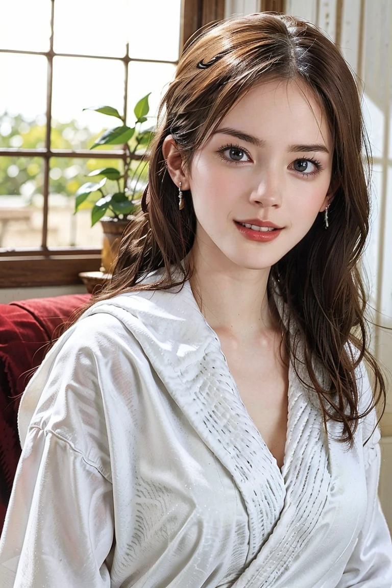 (Preserve face images), Cowboy Shot、Golden Ratio、(((drinking a glass of beer)))、Beer bottles on the table、Pale face:1.3、Super thin face:1.3, (very big eyes:1.5)、 (blown eyes:1.5), master piece、8k, {highest quality}, {{masterpiece}}, {very delicate and beautiful}, outstanding light and shadow, highly detailed wallpaper, clear and bright sunlight, (((Full body))), 1 girl, blush、(薄い茶Farbeの髪), Wet hair after a shower、((a strong light shines on your face)), Farbe々A pose:1.5, necklace、ring、earrings、BREAK (( (Stylish home living room), Wearing an oversized white bathrobe ):1.3) ,(Toothless smile:1,5), Outside the window is a night background
