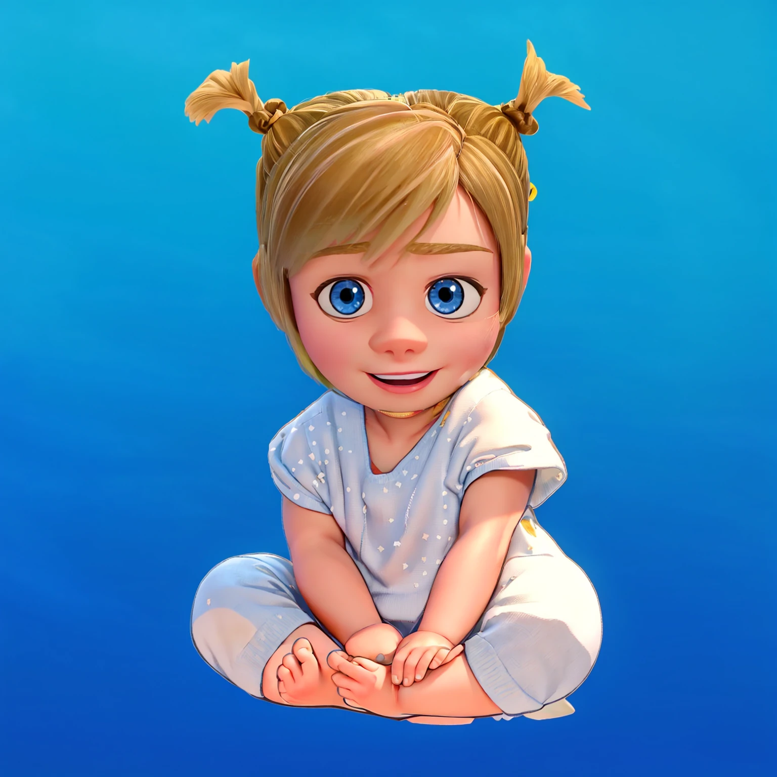 This image features a depiction of Riley Andersen, the young protagonist from the animated movie "Inside Out." The toddler version of Riley here captures her youthful innocence and playful spirit, characterized by her large blue eyes and blonde hair styled in whimsical pigtails. Dressed in a soft blue onesie adorned with stars, Riley exudes curiosity and joy, reflecting her character's bright and lively personality from the film. The vibrant blue background highlights her cheerful disposition and imaginative nature. 