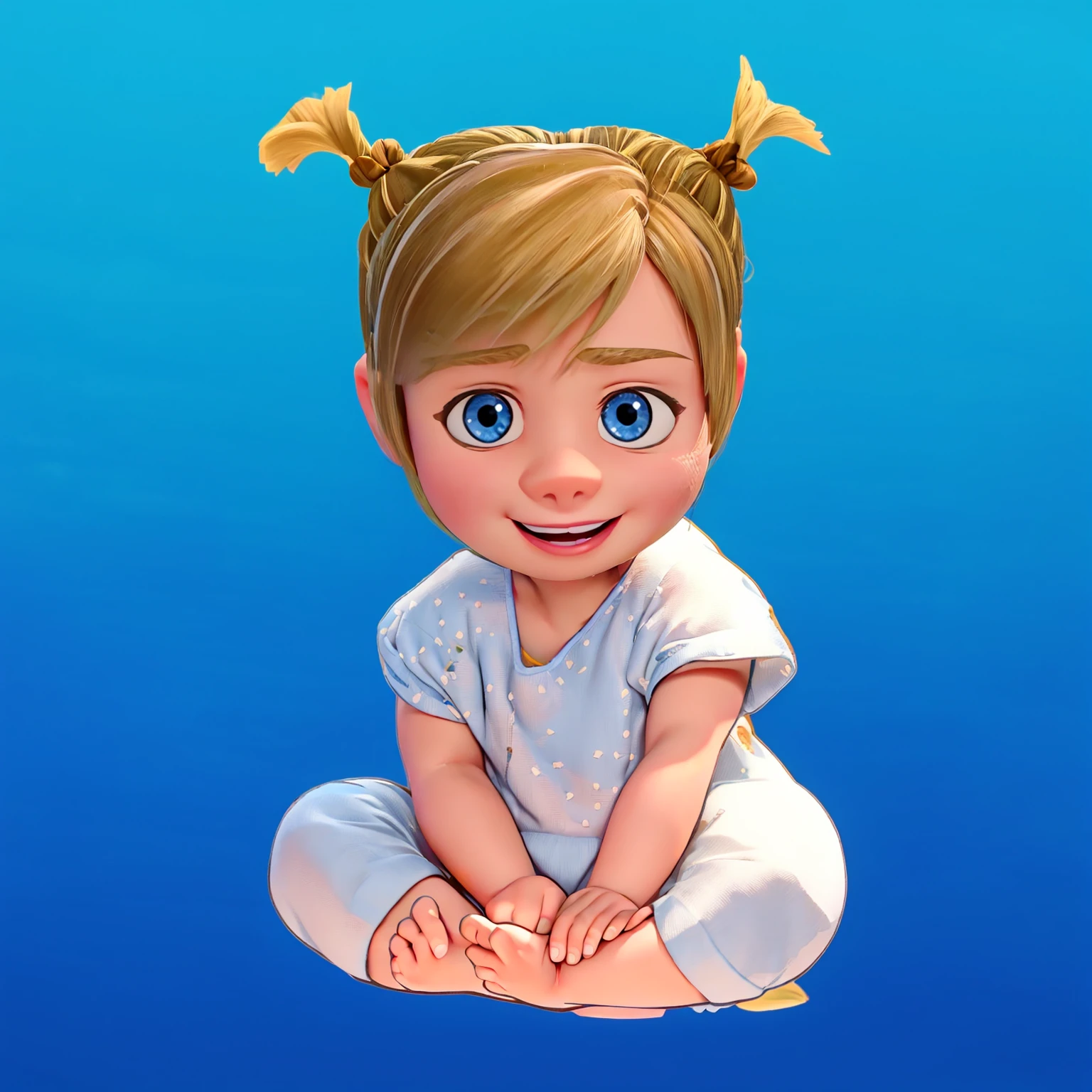 This image features a depiction of Riley Andersen, the young protagonist from the animated movie "Inside Out." The toddler version of Riley here captures her youthful innocence and playful spirit, characterized by her large blue eyes and blonde hair styled in whimsical pigtails. Dressed in a soft blue onesie adorned with stars, Riley exudes curiosity and joy, reflecting her character's bright and lively personality from the film. The vibrant blue background highlights her cheerful disposition and imaginative nature. 