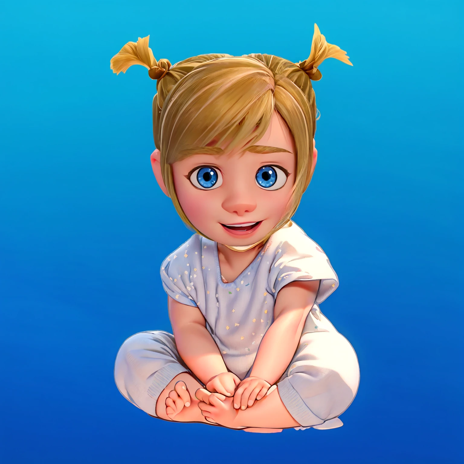 This image features a depiction of Riley Andersen, the young protagonist from the animated movie "Inside Out." The toddler version of Riley here captures her youthful innocence and playful spirit, characterized by her large blue eyes and blonde hair styled in whimsical pigtails. Dressed in a soft blue onesie adorned with stars, Riley exudes curiosity and joy, reflecting her character's bright and lively personality from the film. The vibrant blue background highlights her cheerful disposition and imaginative nature. 