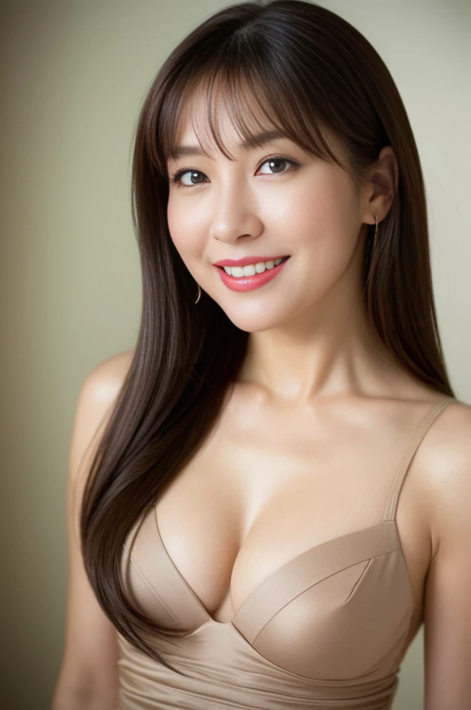 Masseter Film, highest quality, masterpiece, High resolution, realism, Original photo, 8k wallpaper, perfection, Professional Lighting, Very detailed, Written boundary depth, ((Sexy beautiful woman)), ((Sexy 40 year old women)),, ((smile)), Detailed face, Beautiful Eyes,, bangs, She has big breasts and a nice figure, (Sexy look), Long Hair, (Thick lips), A photo of your face,I smile at you