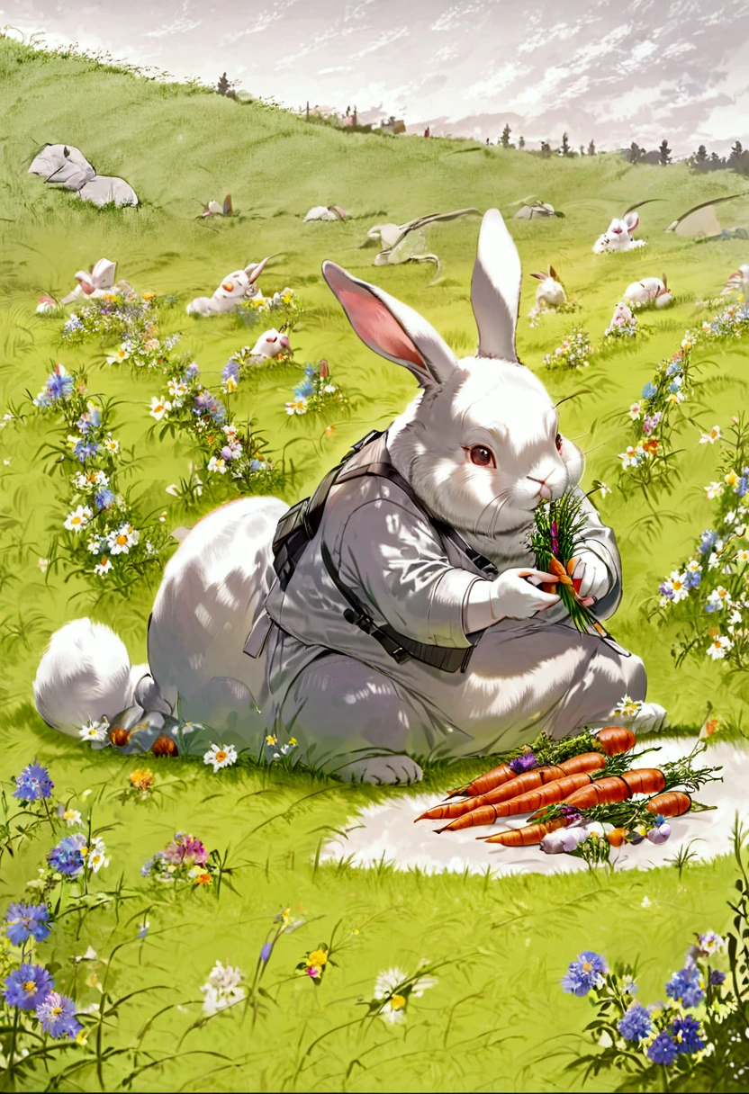 Drawing of a fat dwarf rabbit eating carrots on the grass,Its fur is gray and its ears are short.,There are colorful wild flowers on the grass