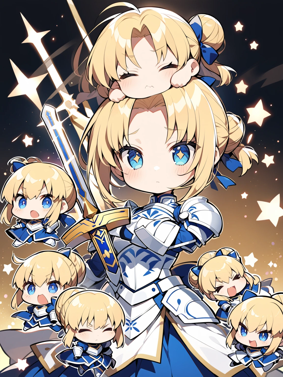 Draw a chibi version of Saber from Fate/stay night. She should have her iconic blue and white armor, with her golden hair tied up in a bun and a few loose strands framing her face. Her large, expressive eyes should convey a determined yet cute expression. She should be holding Excalibur, which is almost as big as she is, and her small figure should be in a dynamic pose, ready for battle. Add some playful details, like tiny, star-shaped sparkles around her and a slightly oversized head for that classic chibi look.