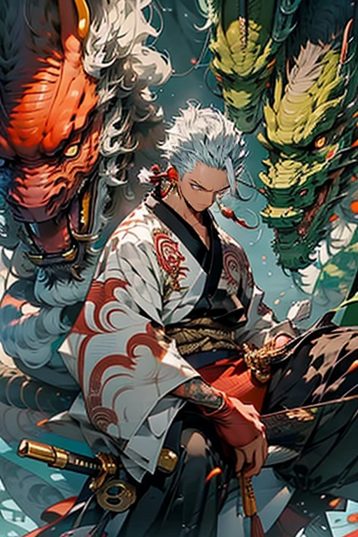 detailed portrait of a muscular man with long white hair, yellow eyes, red eyeliner, wearing a black and red kimono, with dragon tattoos, holding a monk's staff, in a monk's pose, dark fire energy around fist