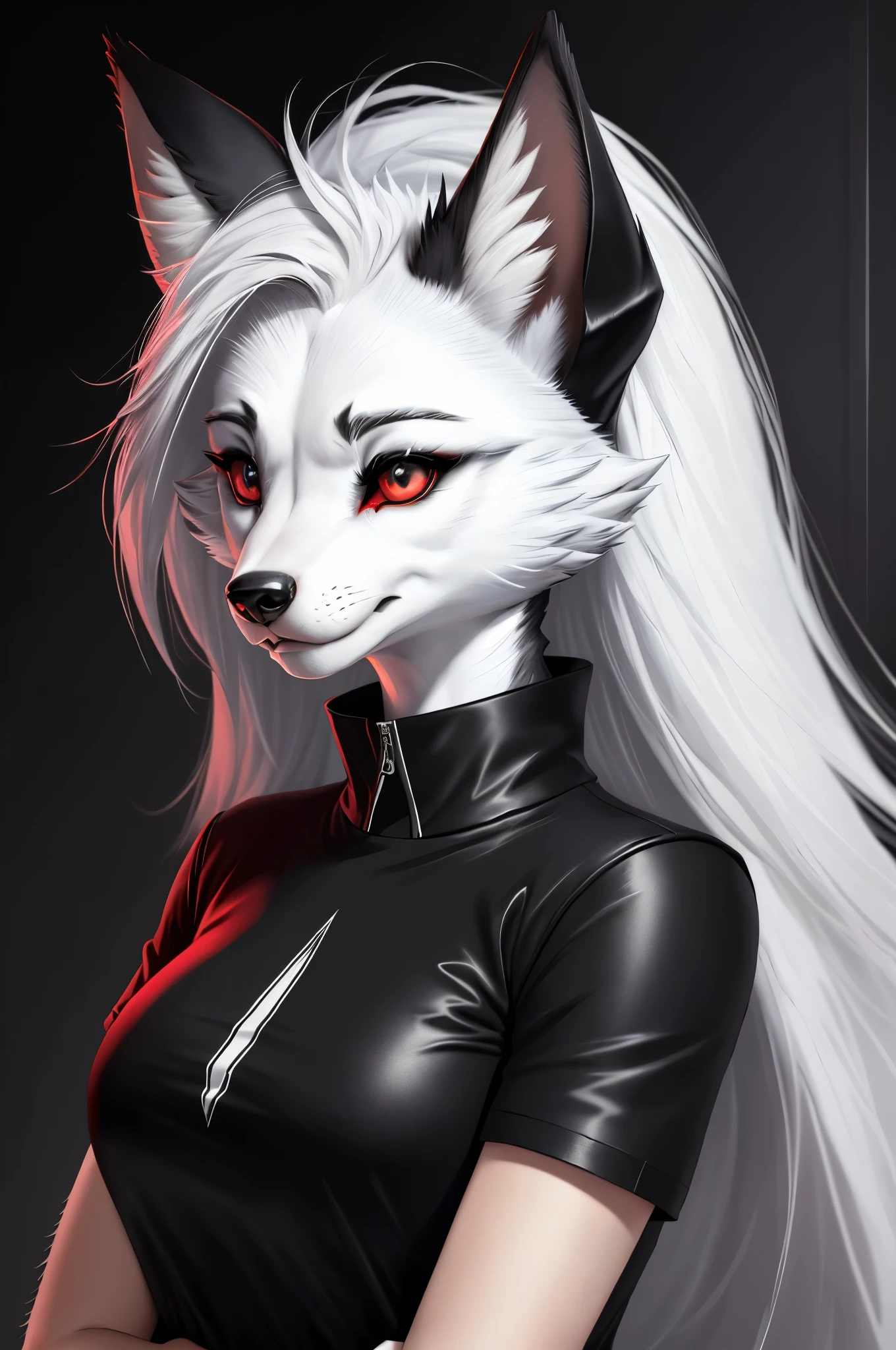 Furry art, breathtaking furry art, realistic furry, anthro white wolf, female wolf, black makeup, red eyes with black sclera, wearing red sweater, one hand is above the head, silver hairs, black ears, sensual, loona, claws, close-up,(pixelsketcher pikaflufftulf hioshiru artstyle), 75mm canon shot, ultra realistic, slim anthro,(white pupils), small wolf's chin, cute female anthro,( big eyes),(big hyrids)
