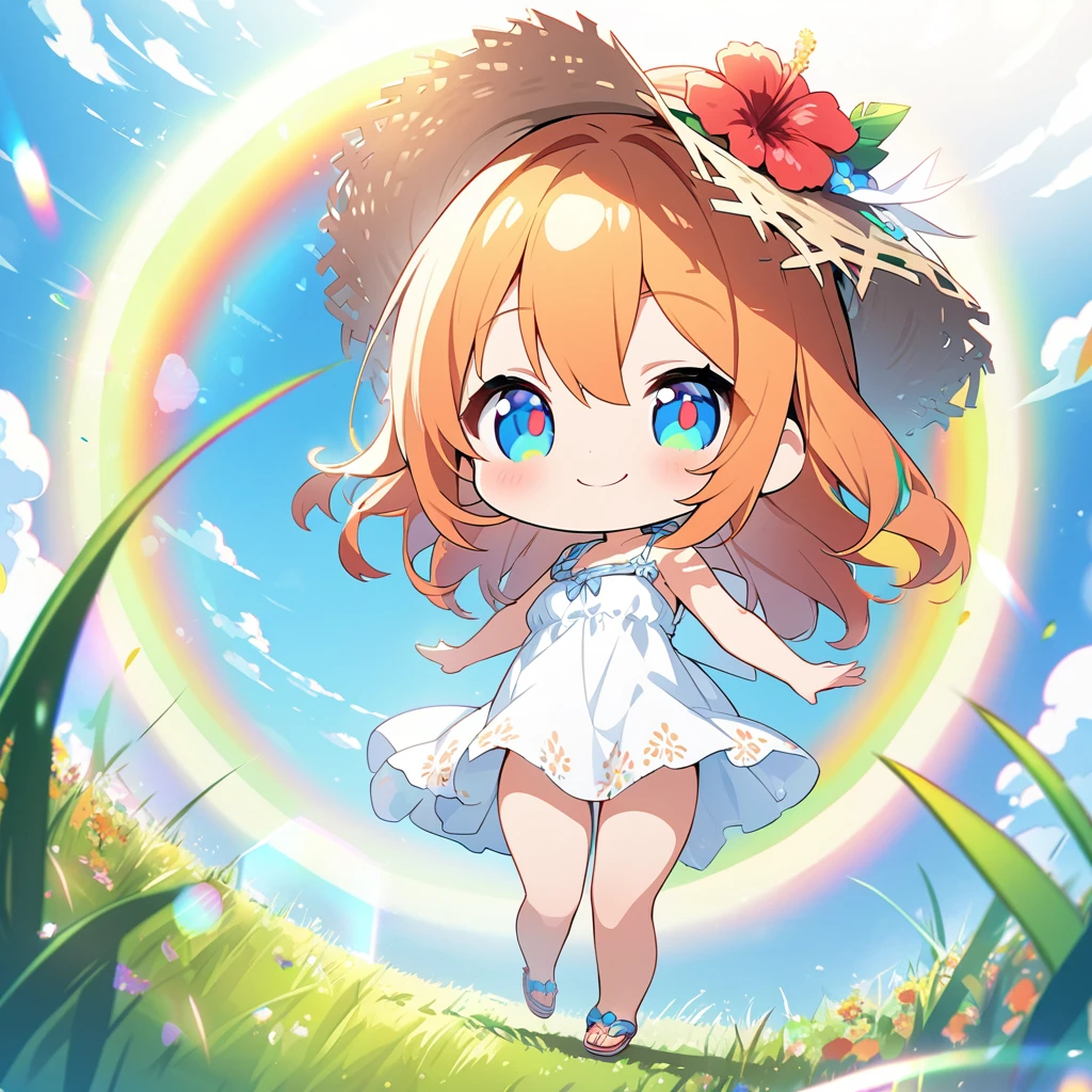 masterpiece, best quality, 4k、2D illustration, one beautiful girl, solo、(((chibi style)))、((vivid colors))、cute chibi, lovely chibi、((colorful))、((long beautiful hair)), glossy light orange hair, hair between eyes, cute, beautifully detailed eyes、((white summer dress))、((straw hat))、hibiscus hair ornament, flip-flops, ((happy smile))、((full body shot))、((summer grasslands))、((gentle breeze))、((blue sky))、sunbeam, white light, ((lens flare)), ((high color saturation)),