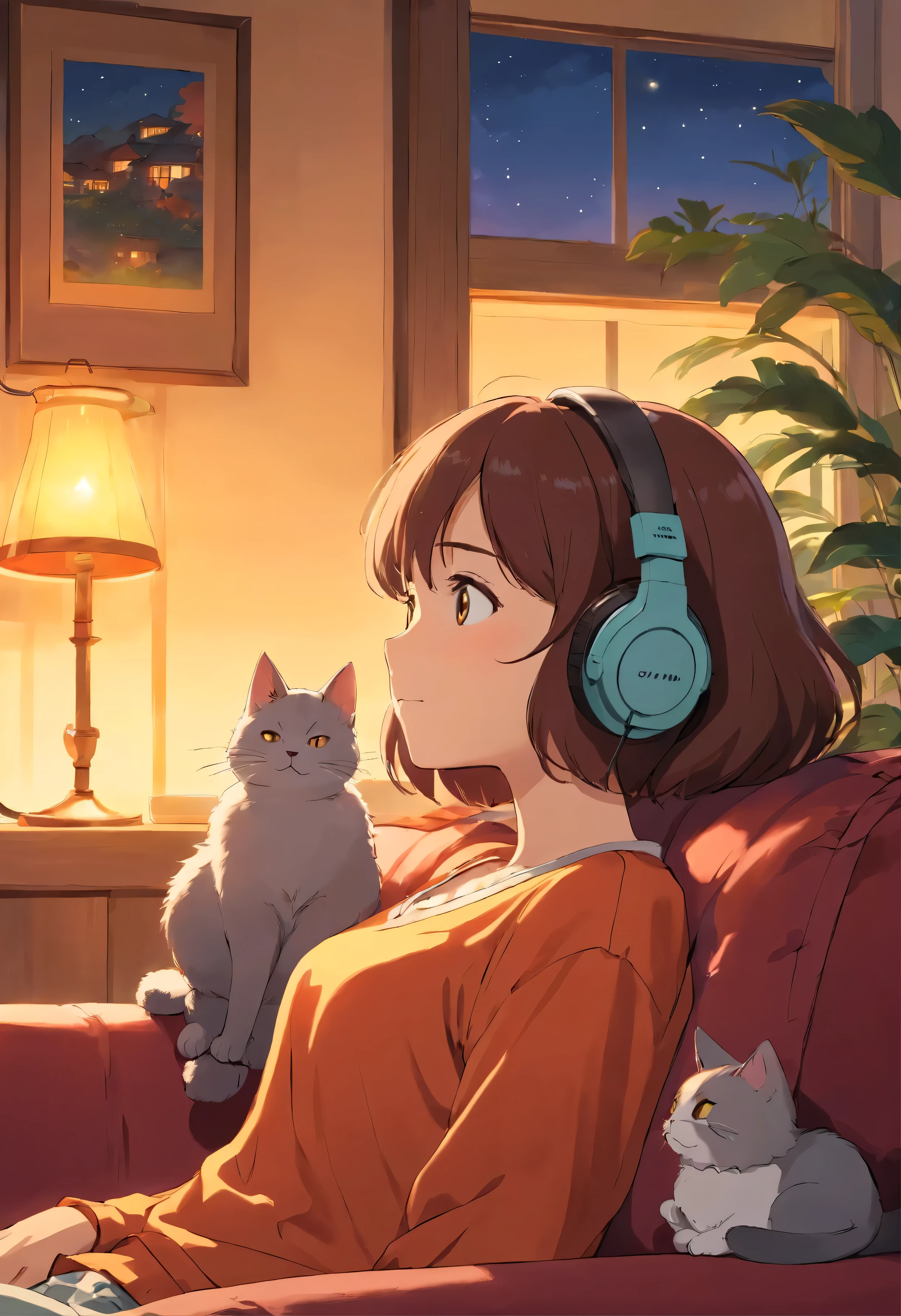 A girl relaxing on a sofa listening to music with headphones in a room at dusk。profile。Cute cat nearby。It's dusk outside。Japanese anime style